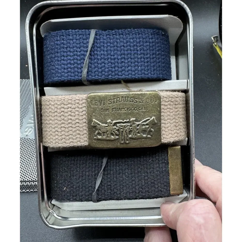 Levi Strauss & CO San Francisco CA Belt Buckle & 3 Cloth Belts Black Tan -S1T